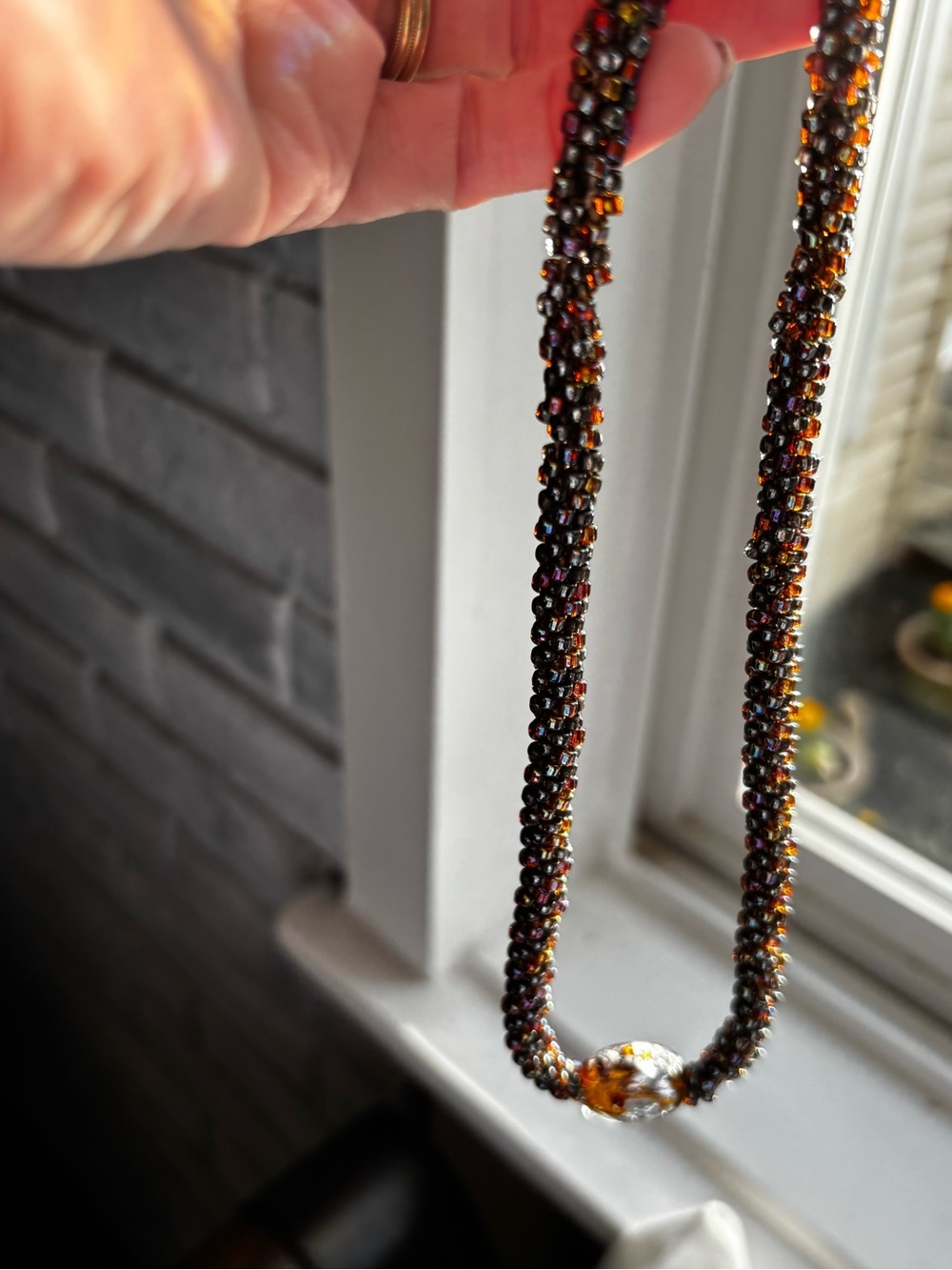 Handcrafted Brown Glass Bead Necklace with Amber Focal Pendant - Picture 5 of 9